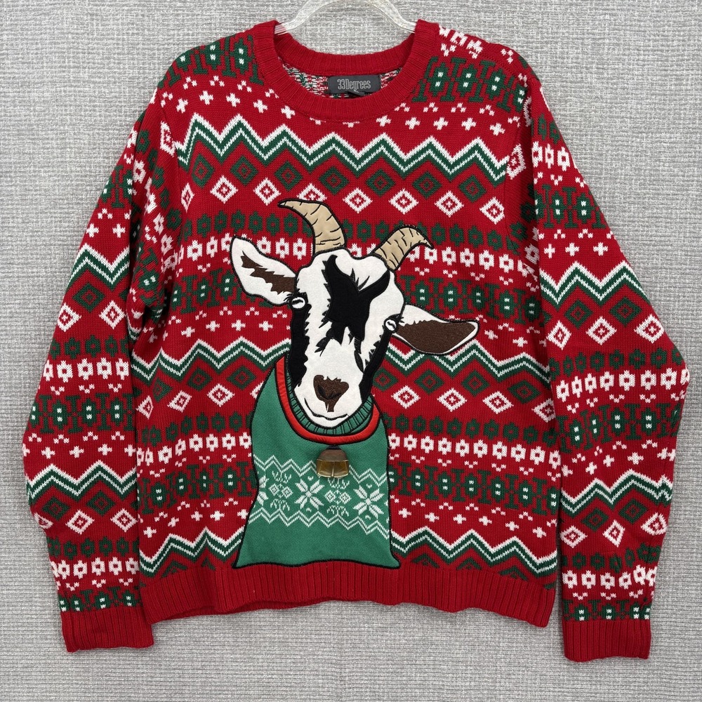33 Degrees Christmas Goat Sweater Mens XL Red Ugly Holiday Bell Acrylic Country